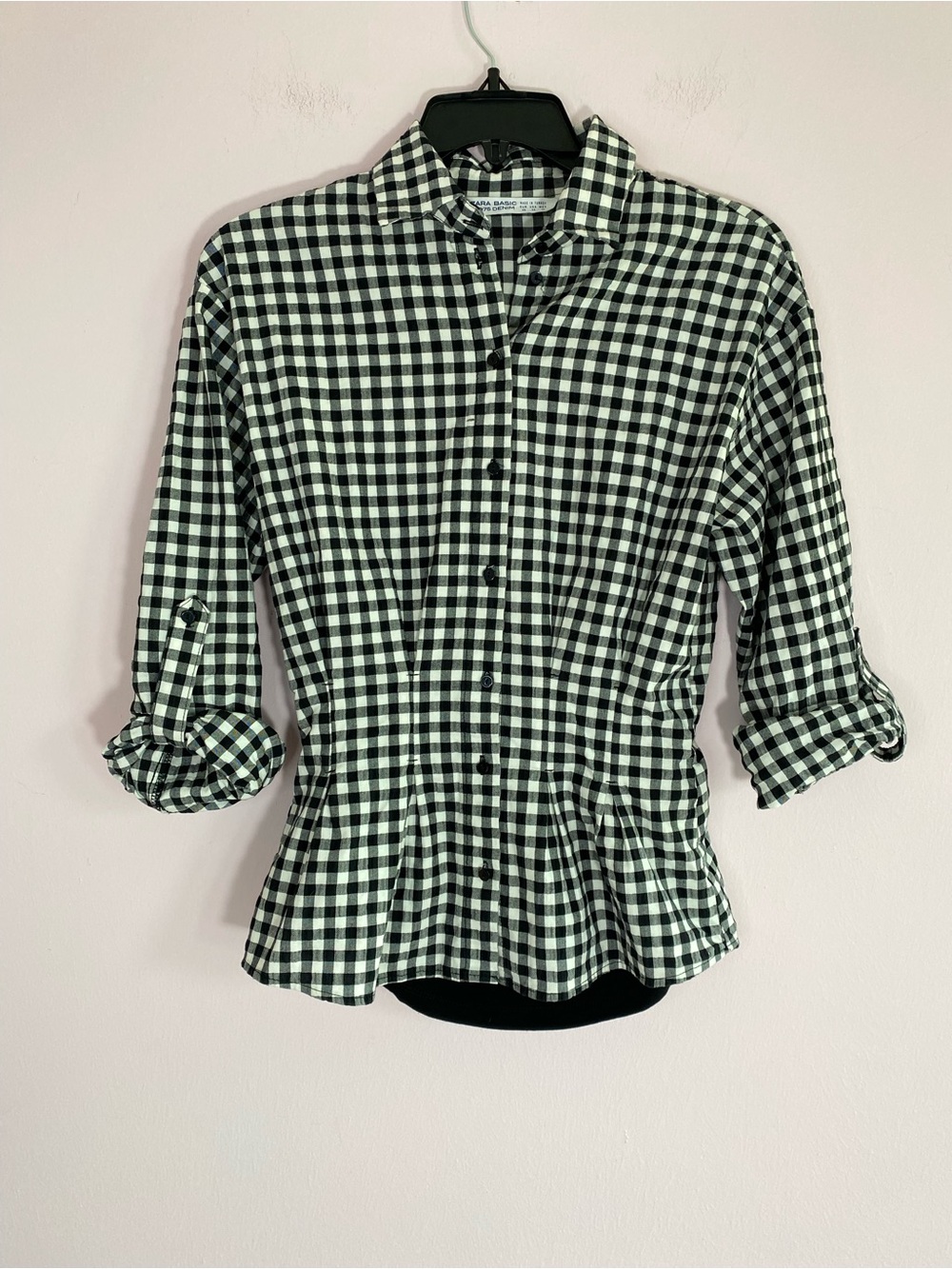Zara white and black gingham button-up blouse with peplum hem, size XS